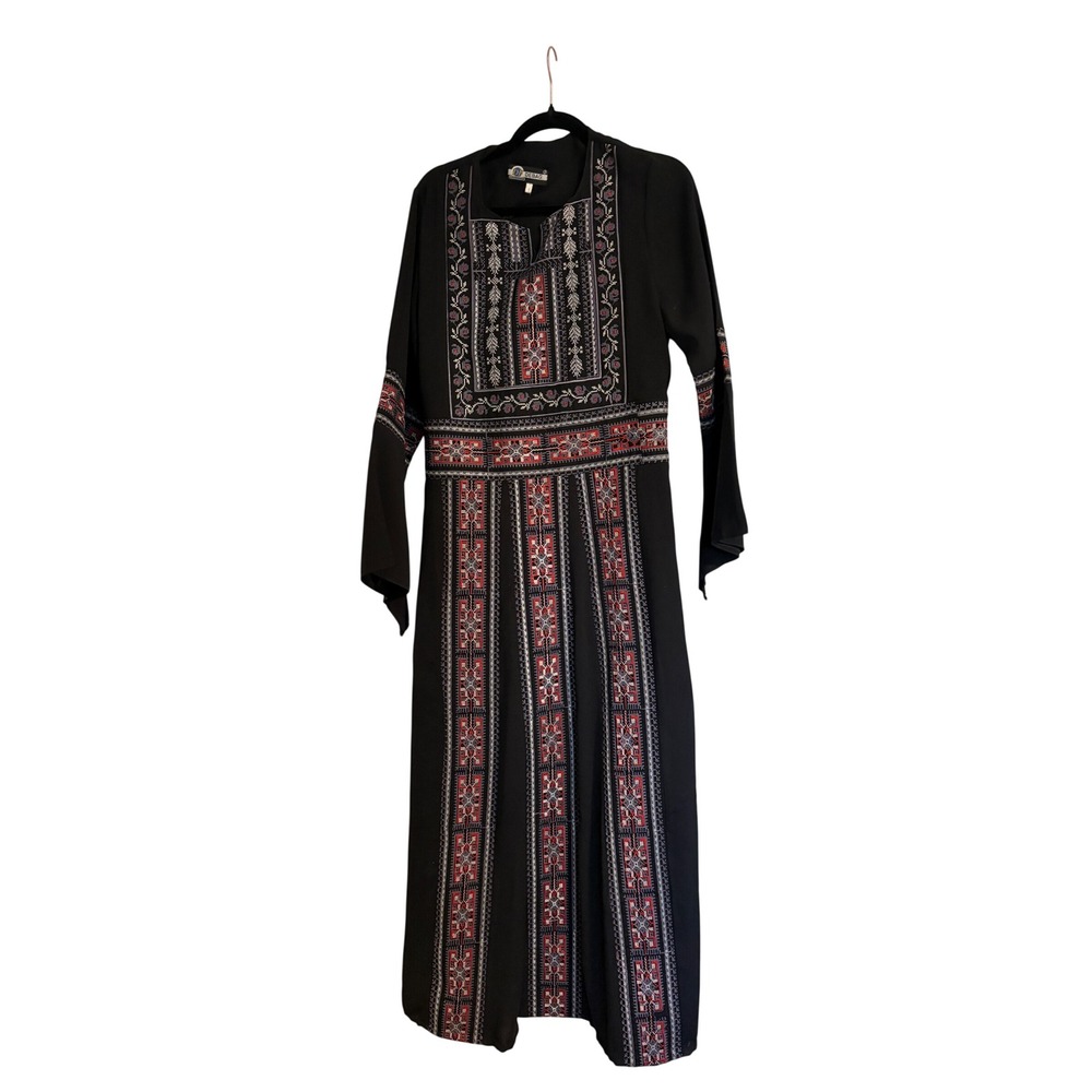 Debag Black Embroidered Maxi Dress Bell Sleeve Folk Boho Size L Whimsigoth
